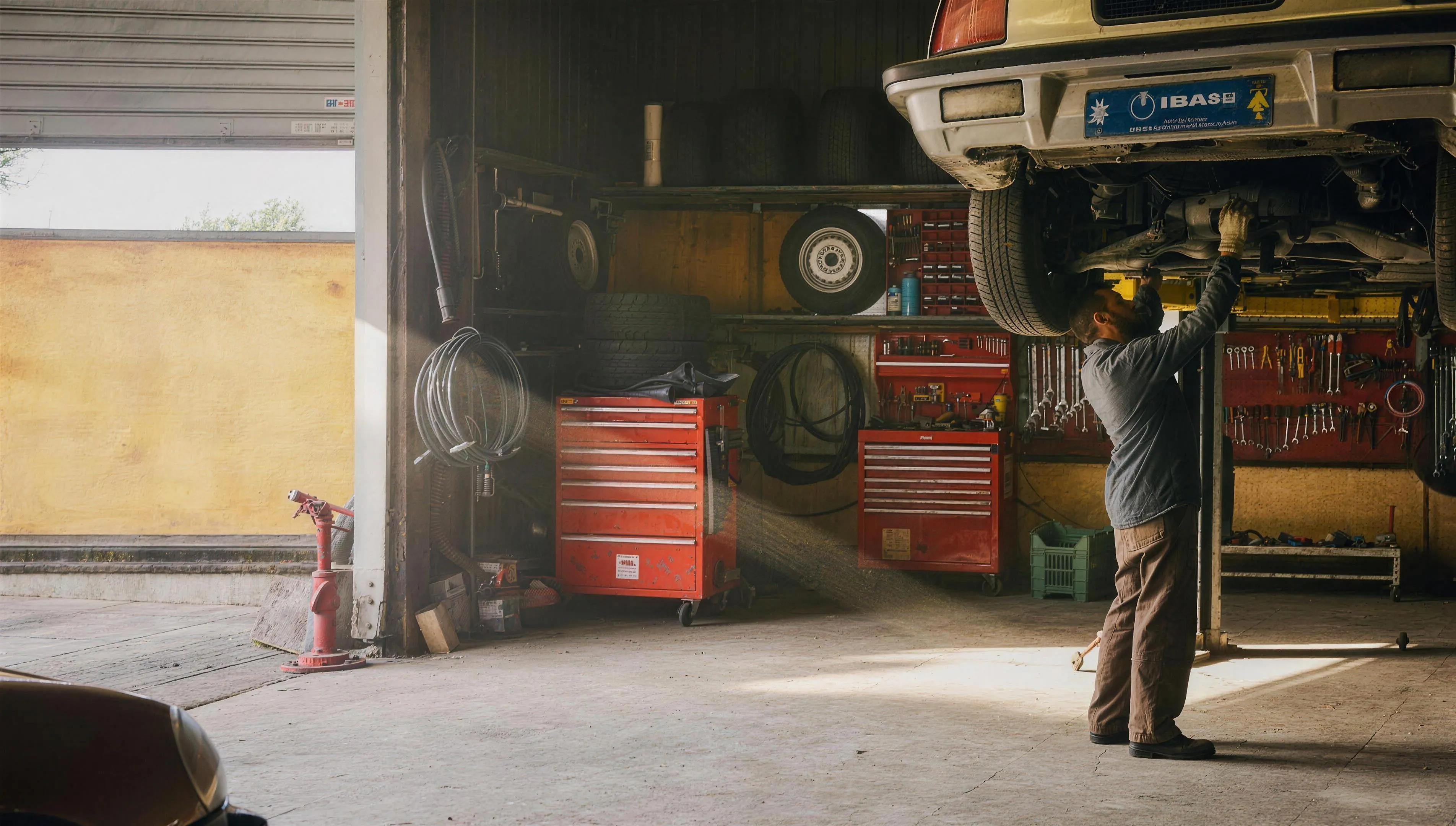 Monteur werkt aan een auto op de brug in de garage