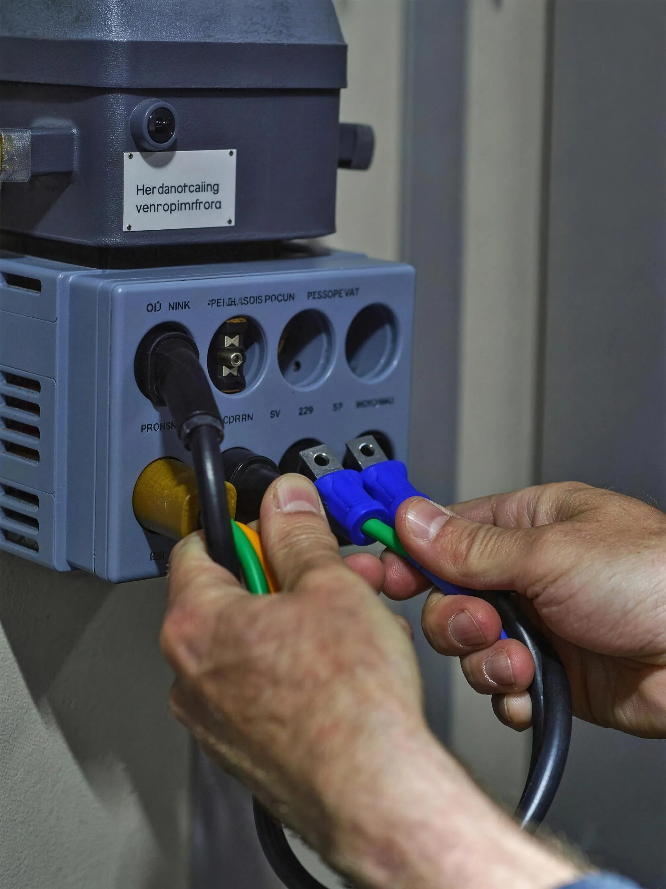 Close-up van een elektricien die een 3-fase aansluiting met dikkere bekabeling aansluit in een technische ruimte of kleine bedrijfsruimte in Nederland. Documentaire sfeer, geen tekst of logo's in beeld.