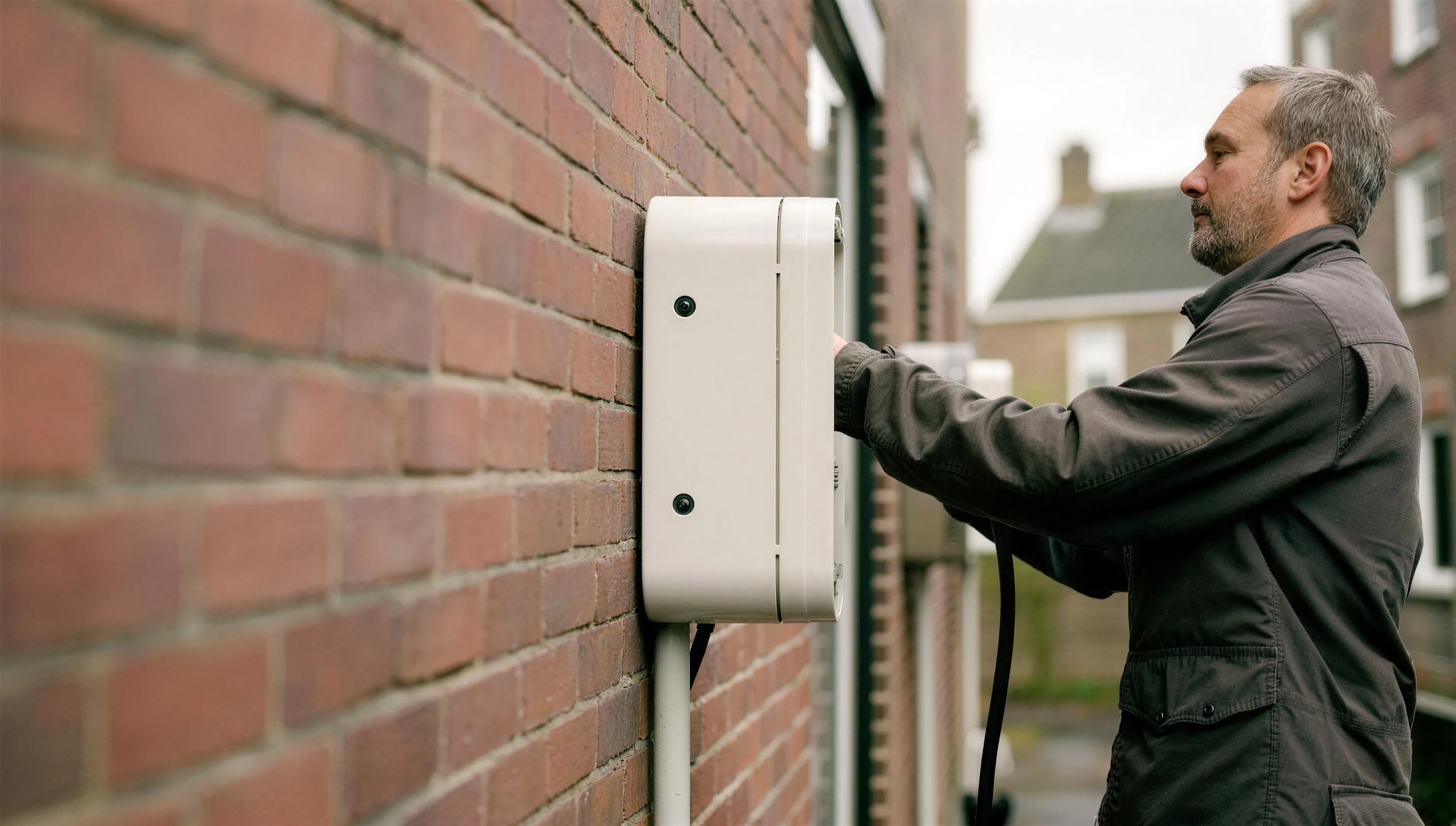 Nederlandse elektricien (man, begin veertig) aan het werk bij een open groepenkast in een gewone Nederlandse woning, geconcentreerd op het werk en niet kijkend naar de camera. Praktische werkkleding zonder opvallend merk, koel/professioneel kunstlicht passend bij de donkere stijl. Rechts in beeld, ruimte links voor de tekst. Documentaire sfeer, geen glimlach-naar-camera zoals bij de kapper — dit moet vakmanschap en rust uitstralen, niet gastvrijheid.