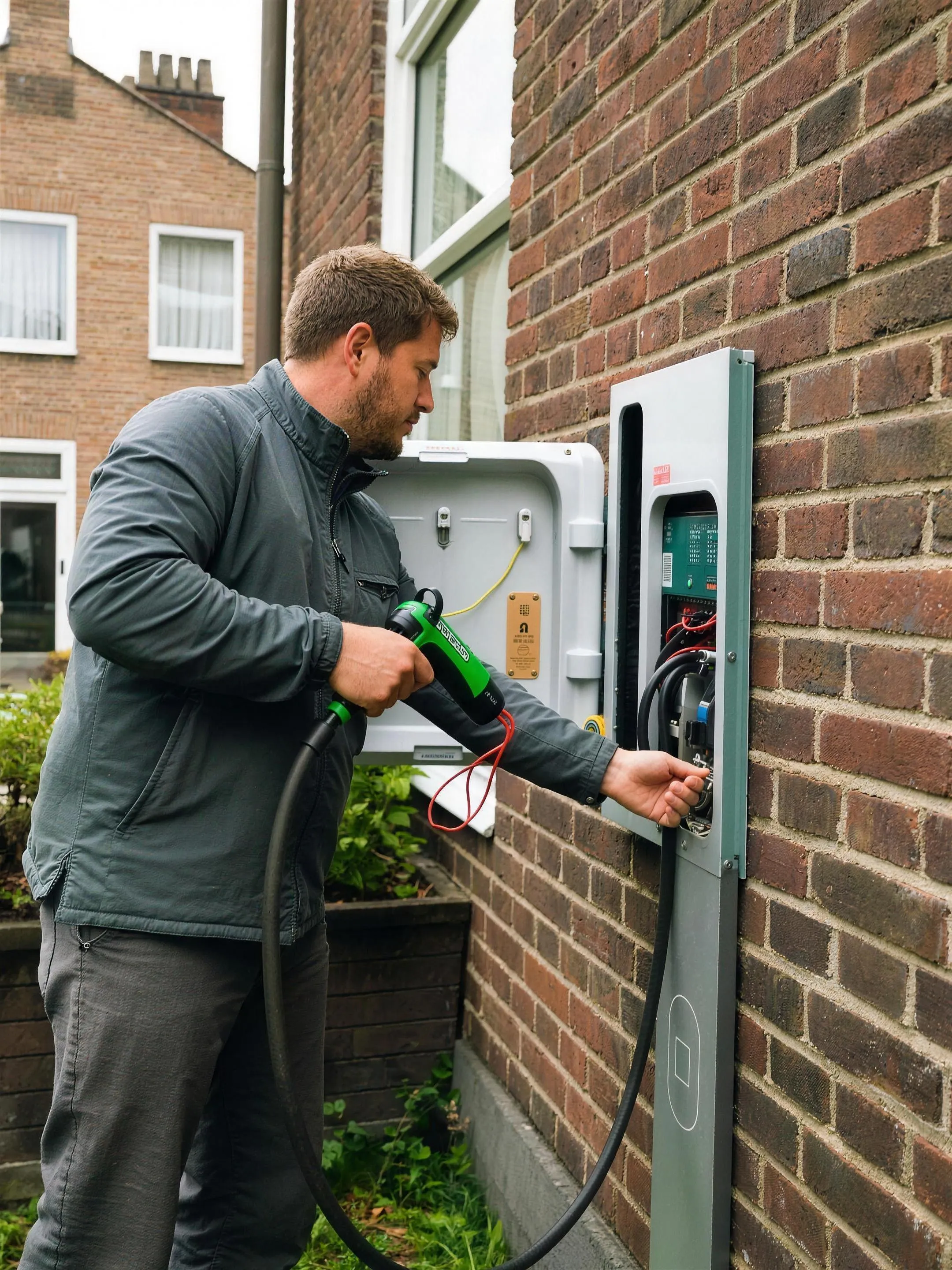 Nederlandse elektricien die een laadpaal aansluit tegen de buitengevel van een gewoon Nederlands rijtjeshuis, overdag, praktische werkkleding. Documentaire sfeer, geen glimlach naar camera, geen tekst of logo's in beeld.