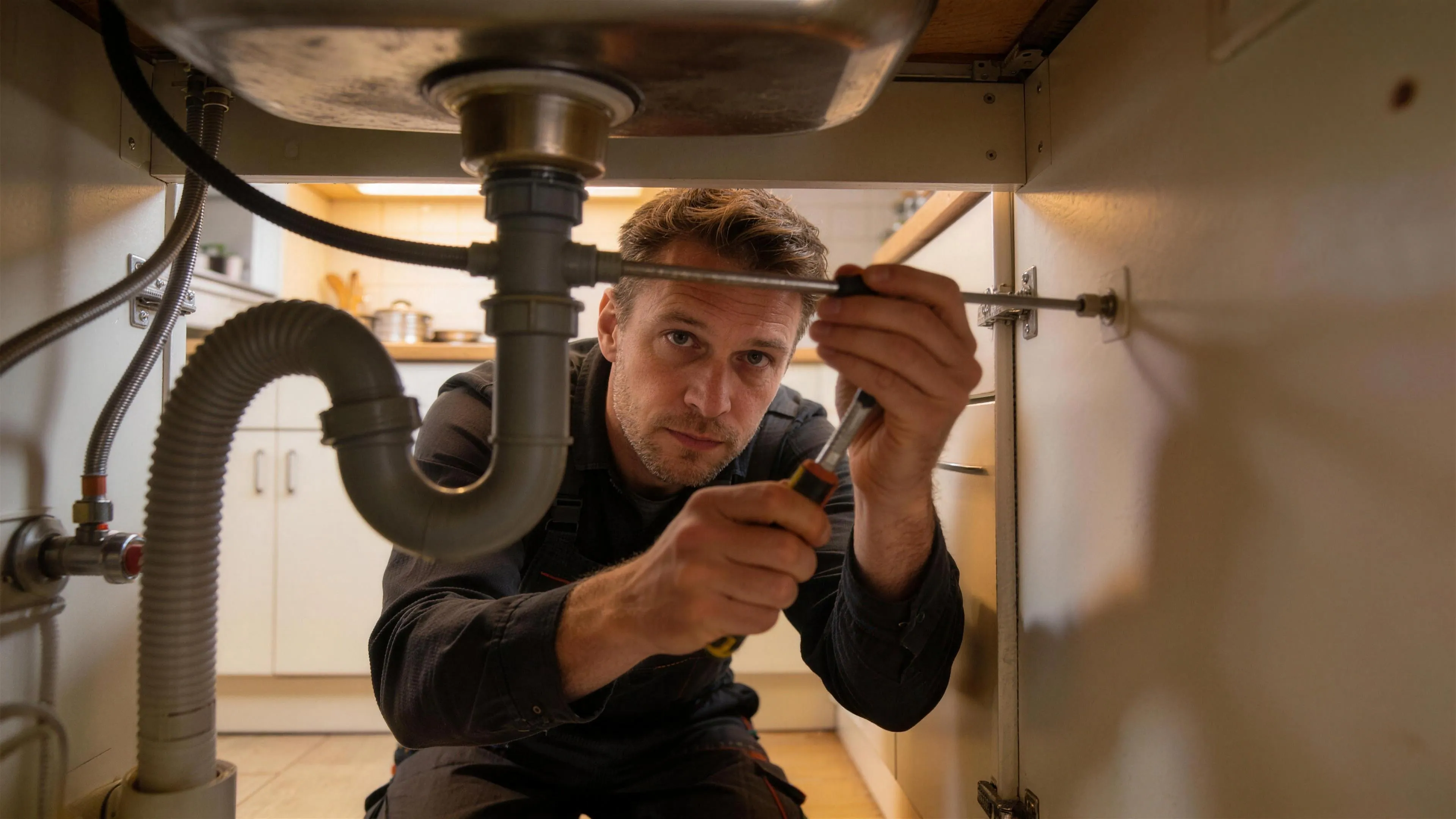 Loodgieter aan het werk bij een lekkage onder een keukenspoelbak