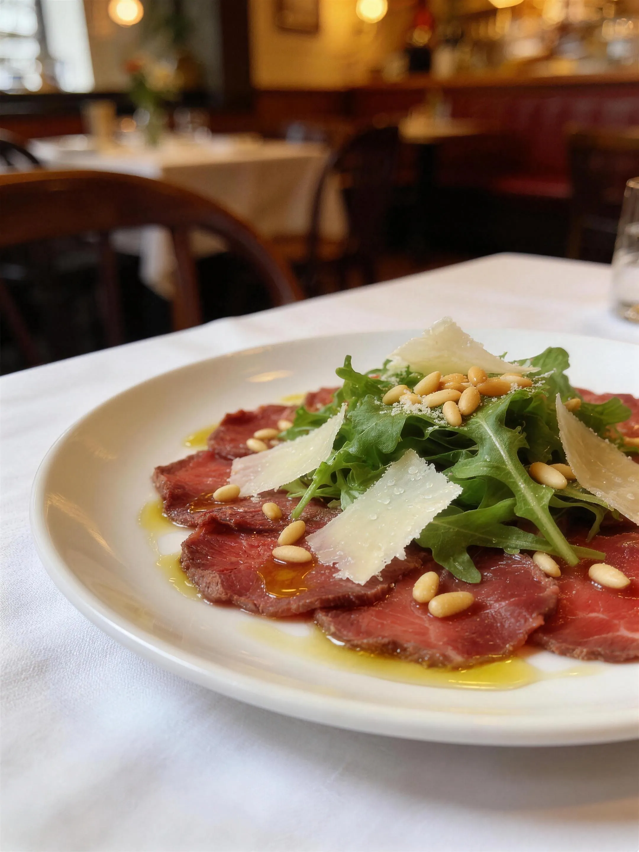 Carpaccio — Bord carpaccio met parmezaan, rucola en pijnboompitten, close-up, warm restaurantlicht.