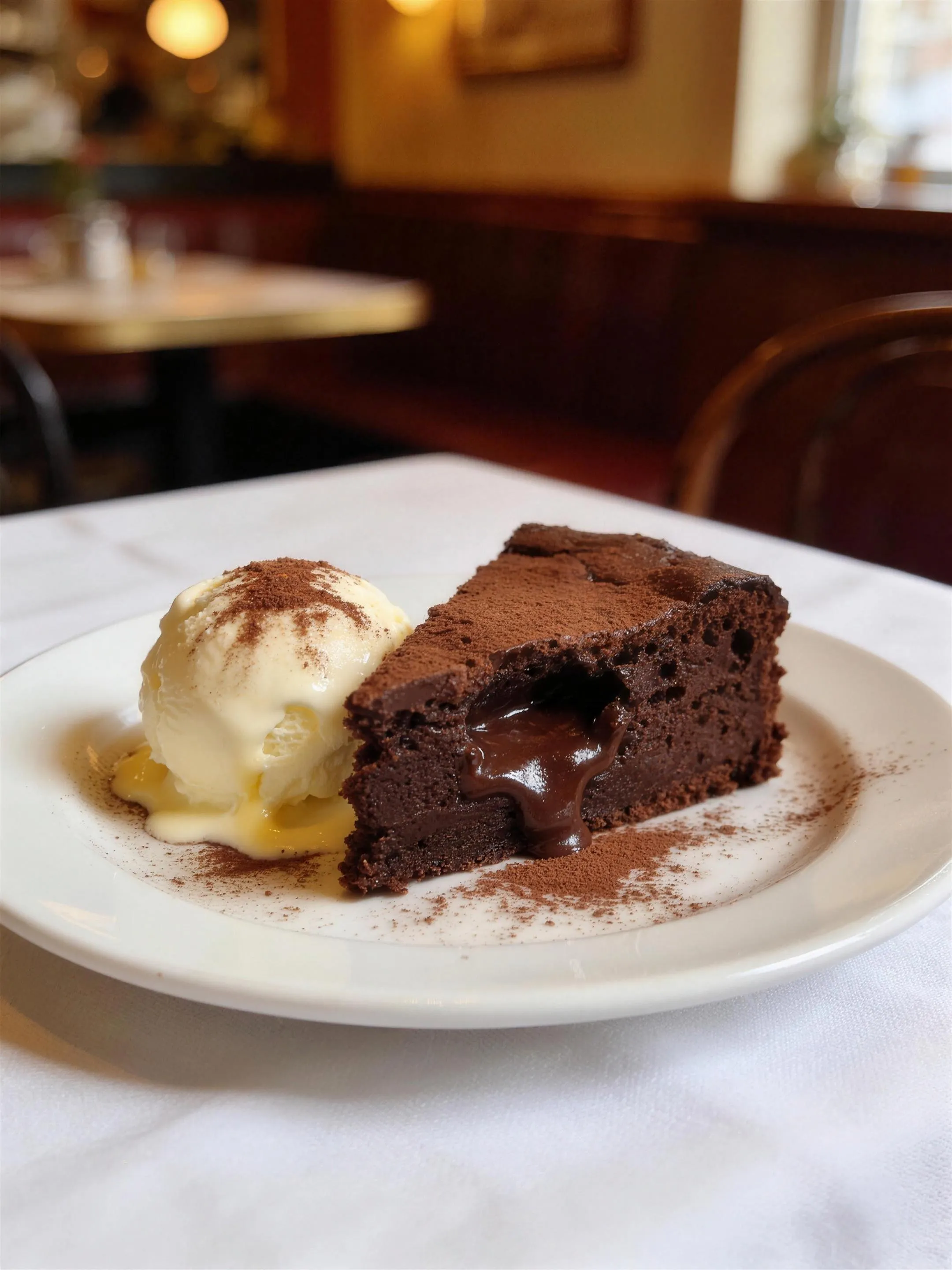 Chocoladetaart — Punt zelfgemaakte chocoladetaart met een bolletje vanille-ijs, close-up, warm restaurantlicht.