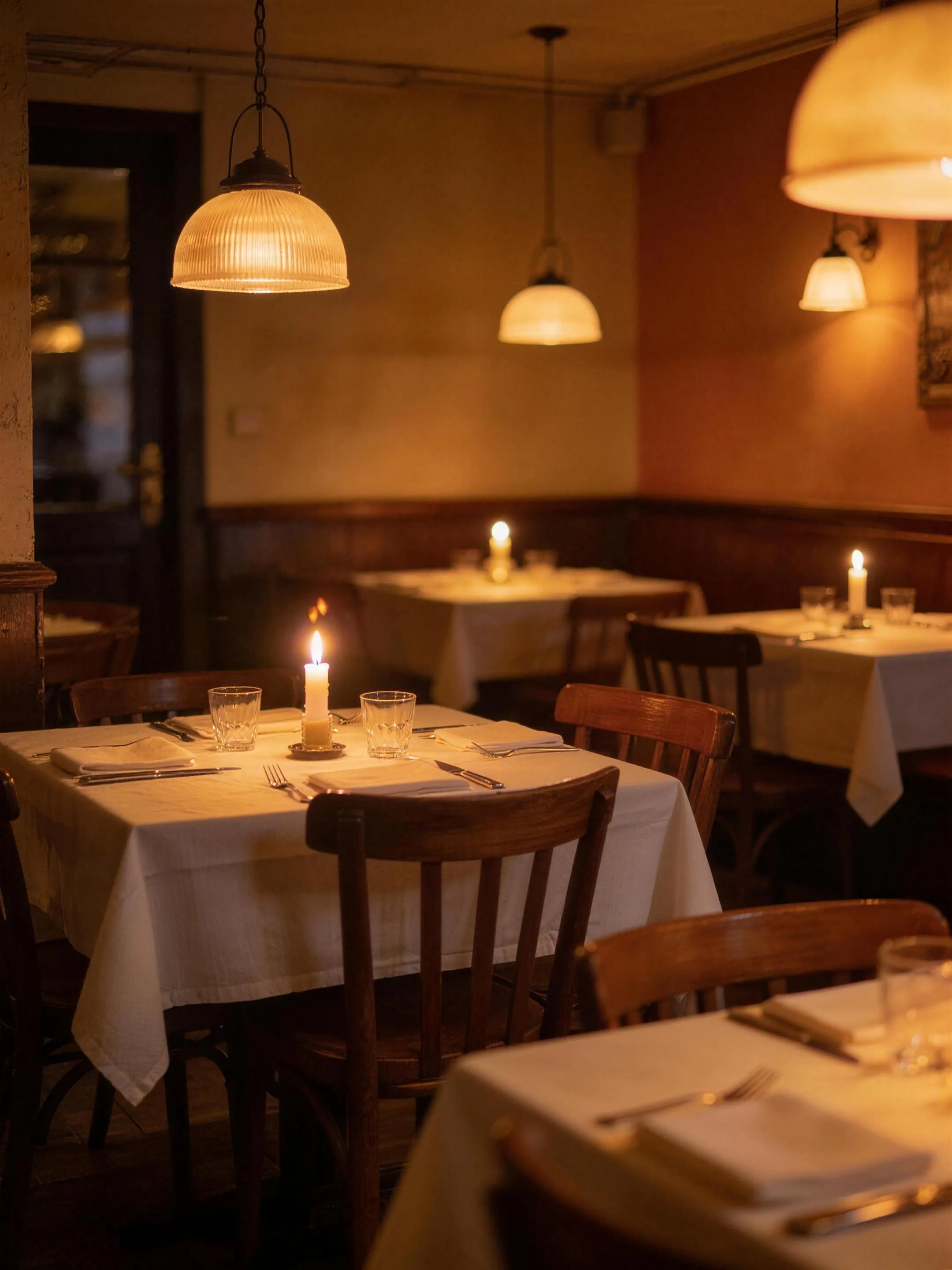 Het interieur — Interieur van een kleine, sfeervolle Nederlandse bistro in de avond, gedekte tafels, warm licht.