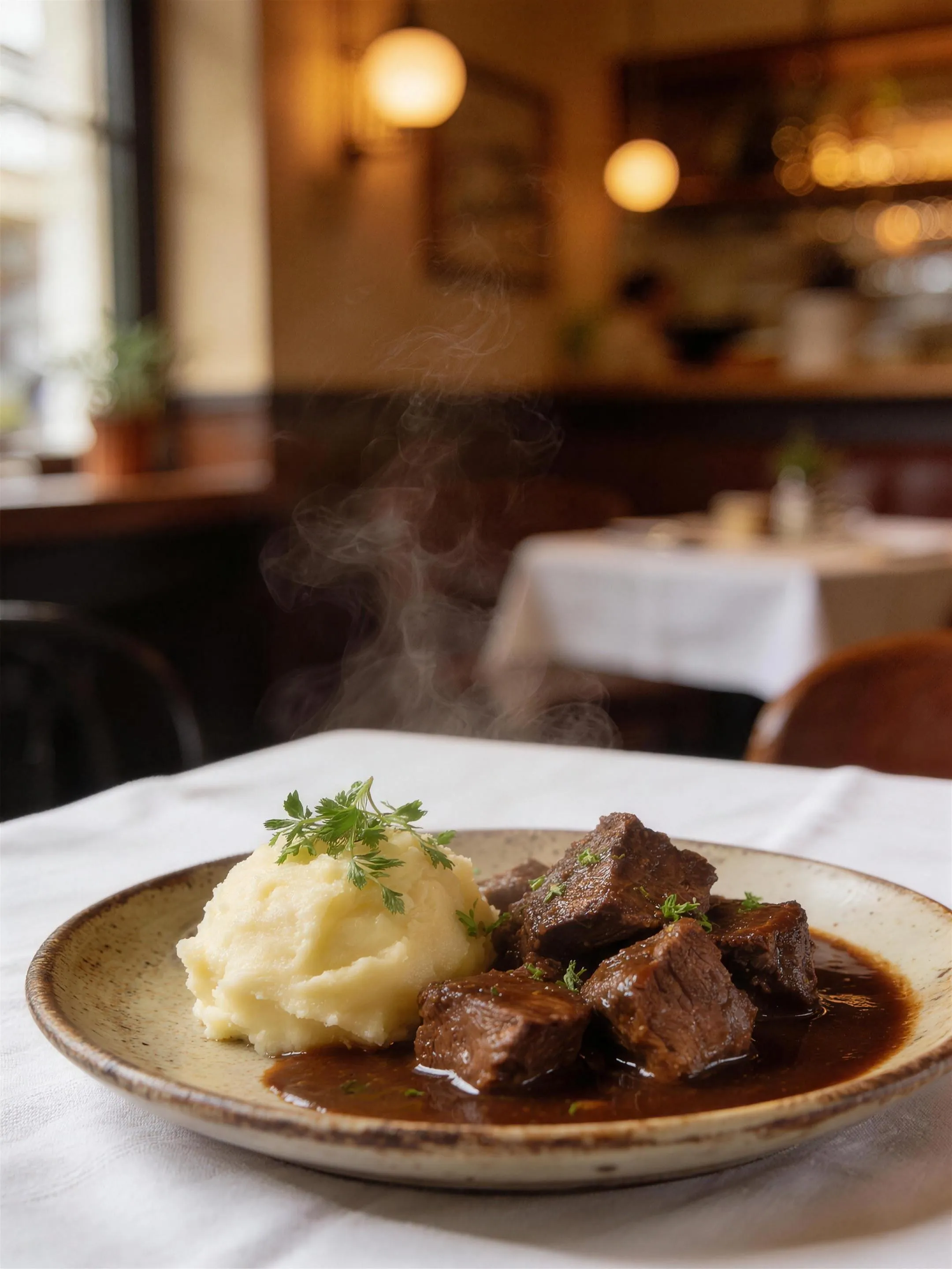 Runderstoof — Bord runderstoof met roomaardappelpuree, close-up, warm restaurantlicht.