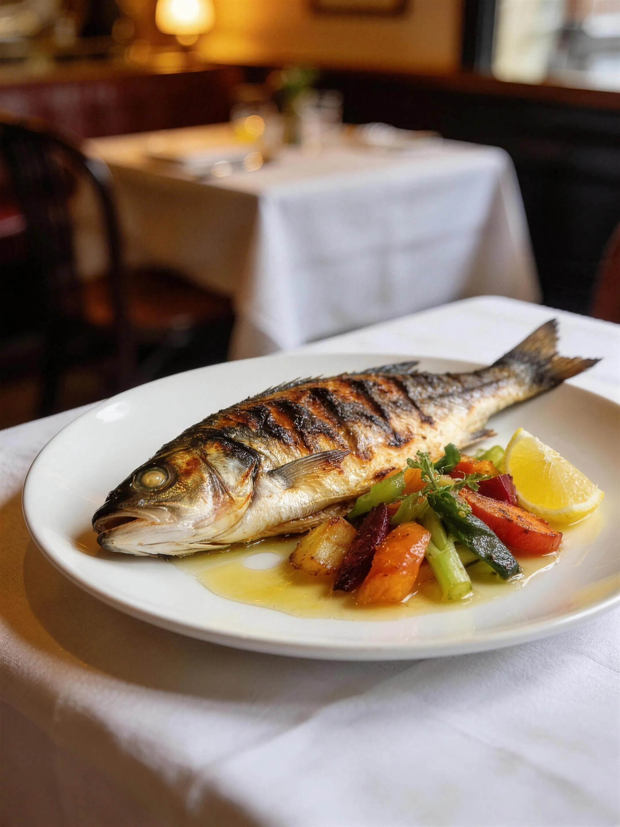 Gegrilde zeebaars — Bord gegrilde zeebaars met seizoensgroenten, close-up, warm restaurantlicht.
